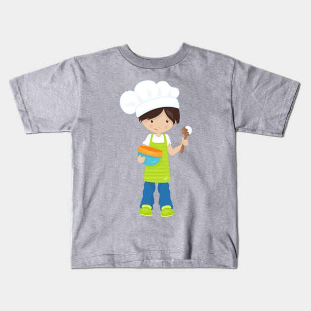 Baking, Baker, Bakery, Apron, Cute Boy, Brown Hair Kids T-Shirt by Jelena Dunčević